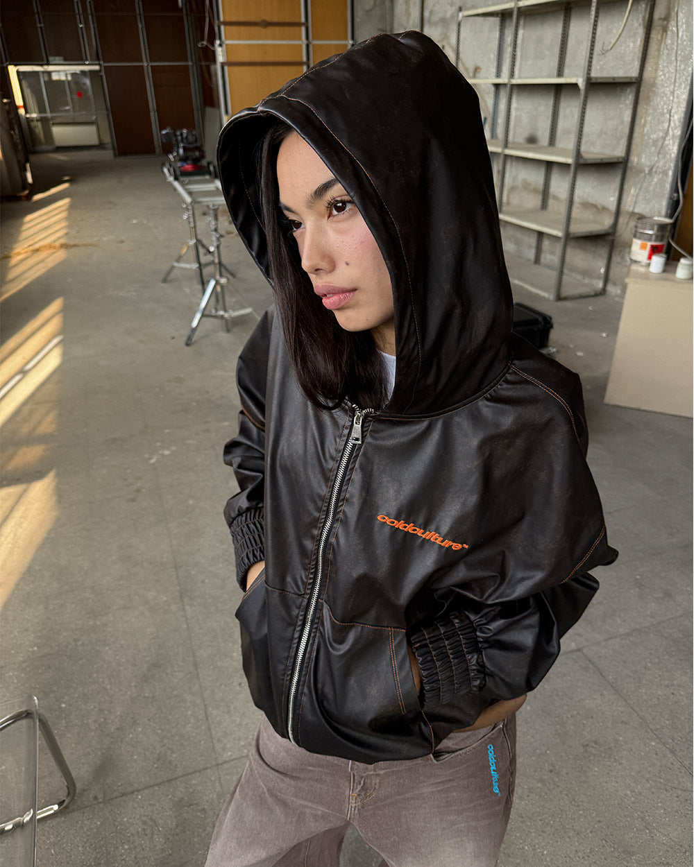 FAUX LEATHER ZIP HOODIE BROWN