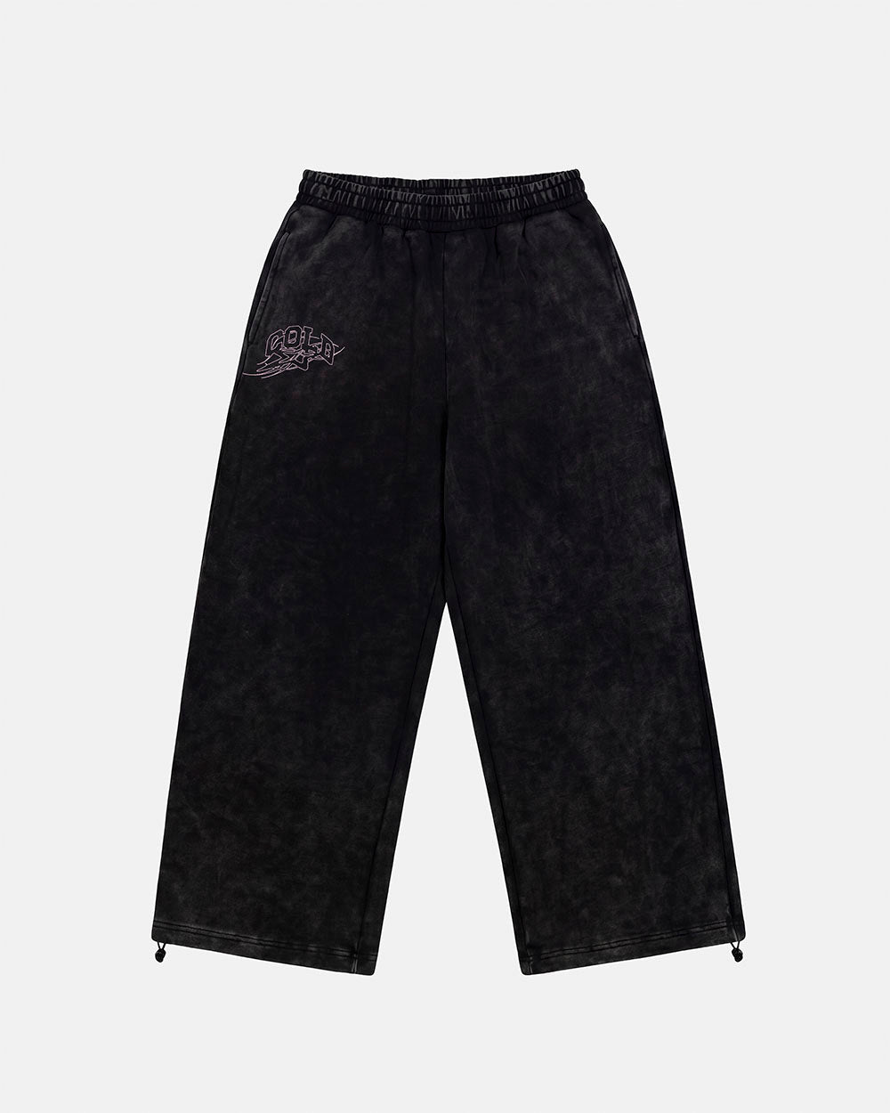 55 SWEATPANTS BLACK - washed black graphic sweatpants, front view - Cold Culture
