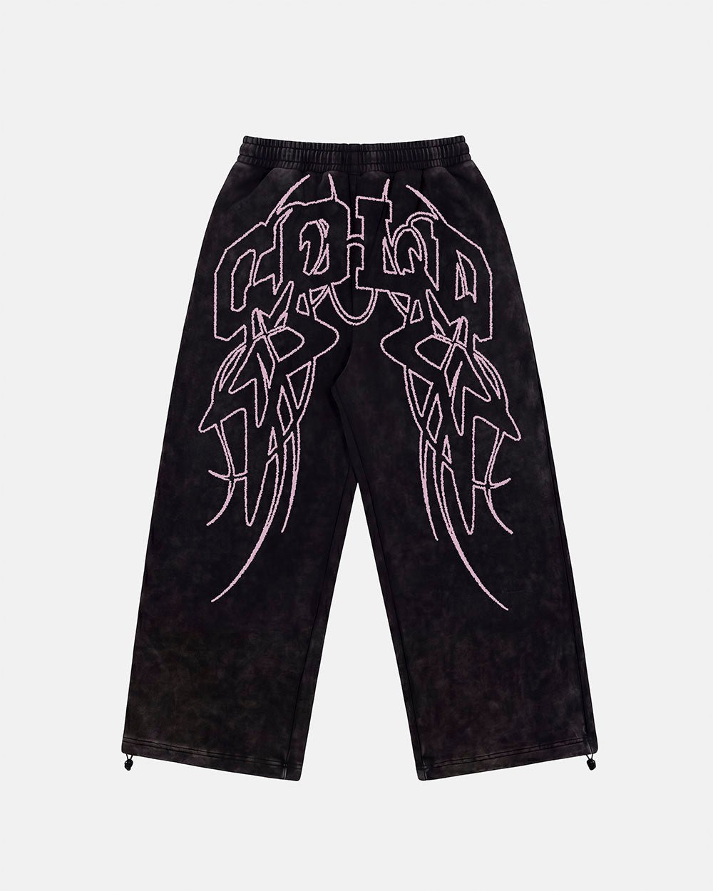55 SWEATPANTS BLACK - washed black graphic sweatpants, back view - Cold Culture