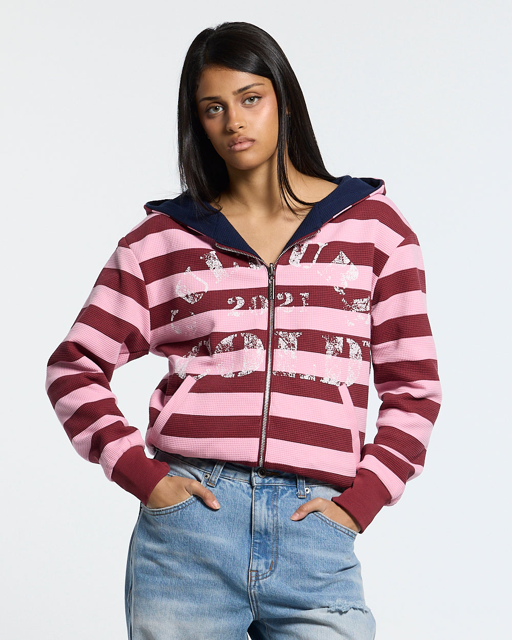 UNTRUE WAFFLE REVERSIBLE ZIP HOODIE PINK