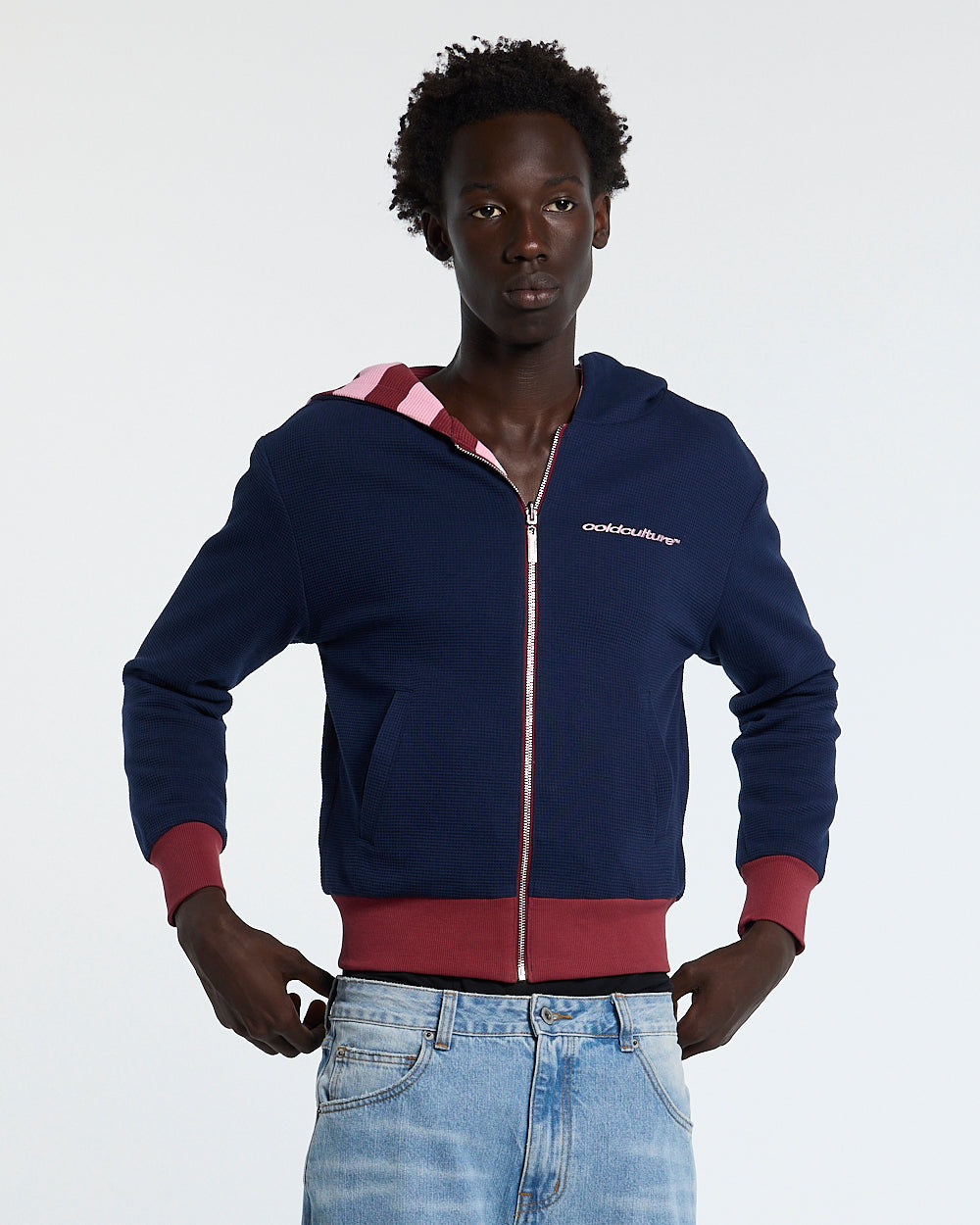 UNTRUE WAFFLE REVERSIBLE ZIP HOODIE PINK