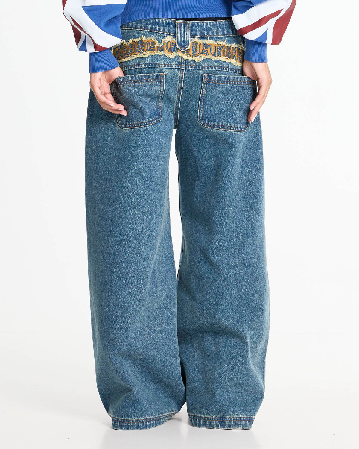 DISTRESS CURVED LOOSE PANTS BLUE - Cold Culture