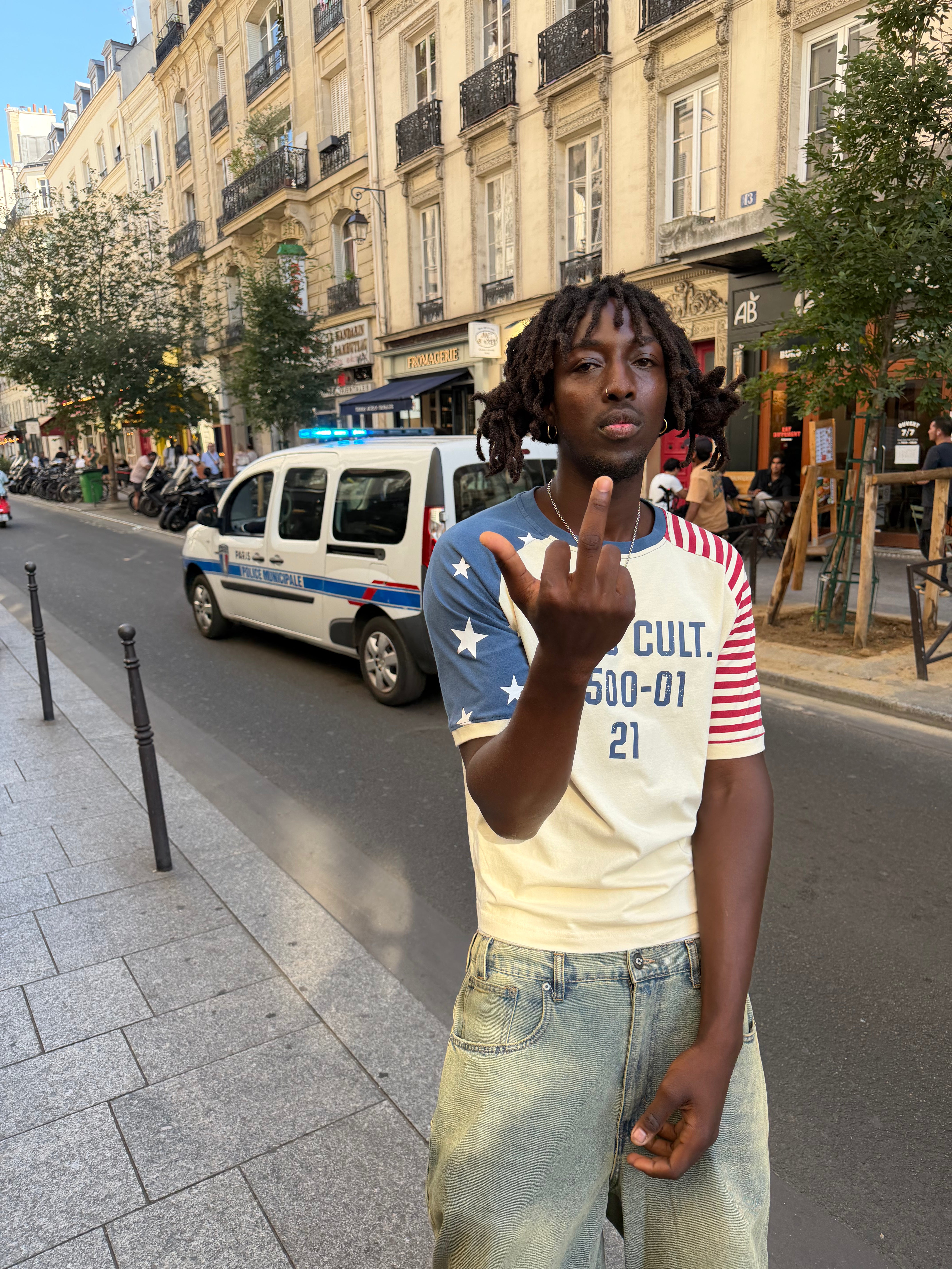 STARRY NIGHT TEE WHITE - white american flag tee, street style shot - Cold Culture