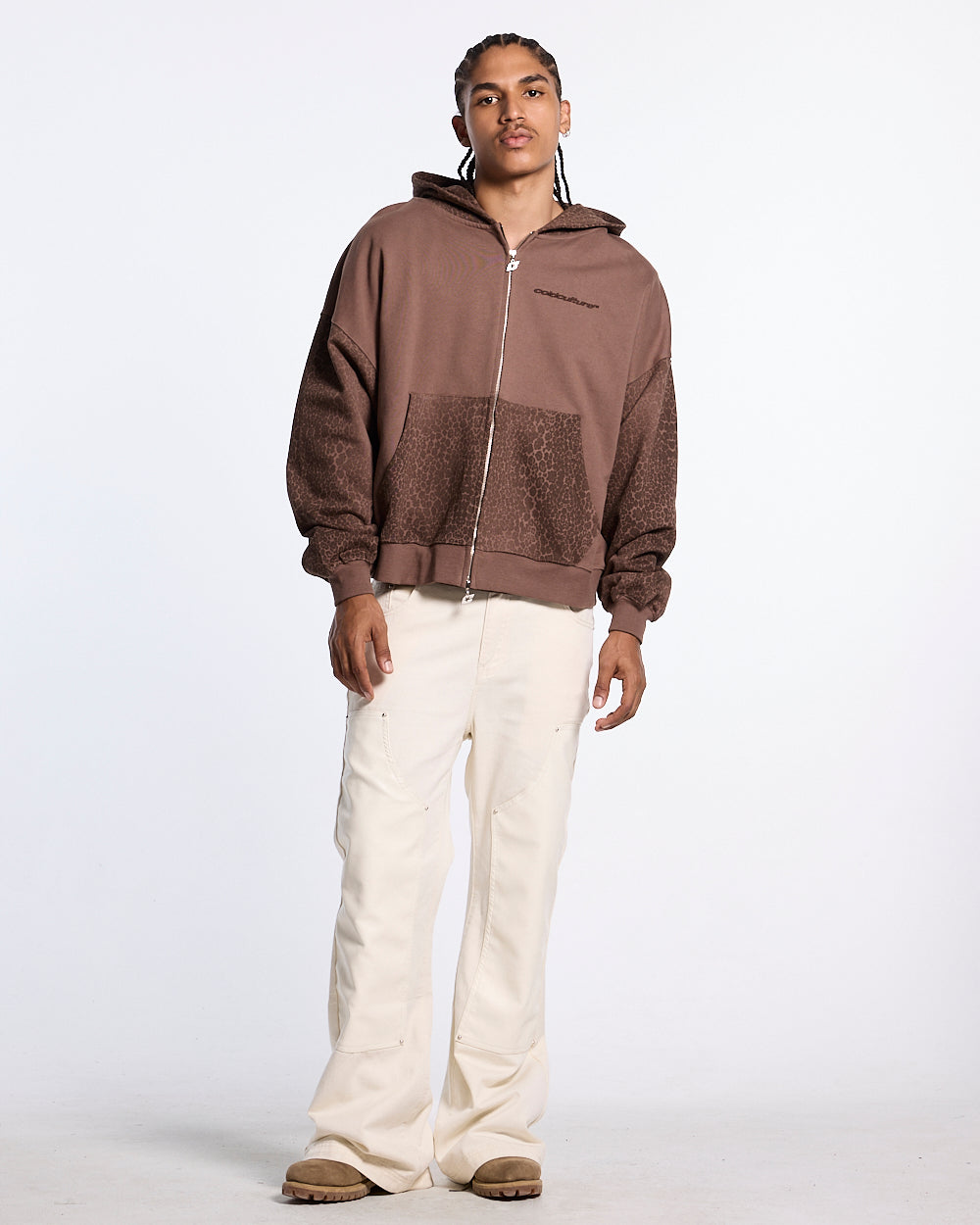 STRIPE ZIP HOODIE BROWN