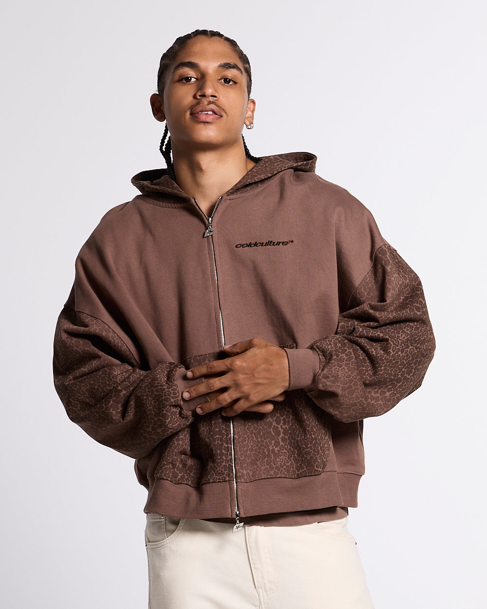 STRIPE ZIP HOODIE BROWN
