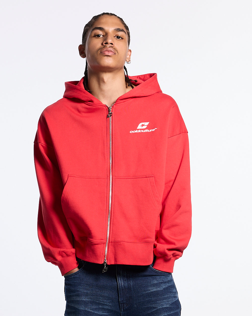 TARTAN DISTRESS CURVED ZIP HOODIE RED