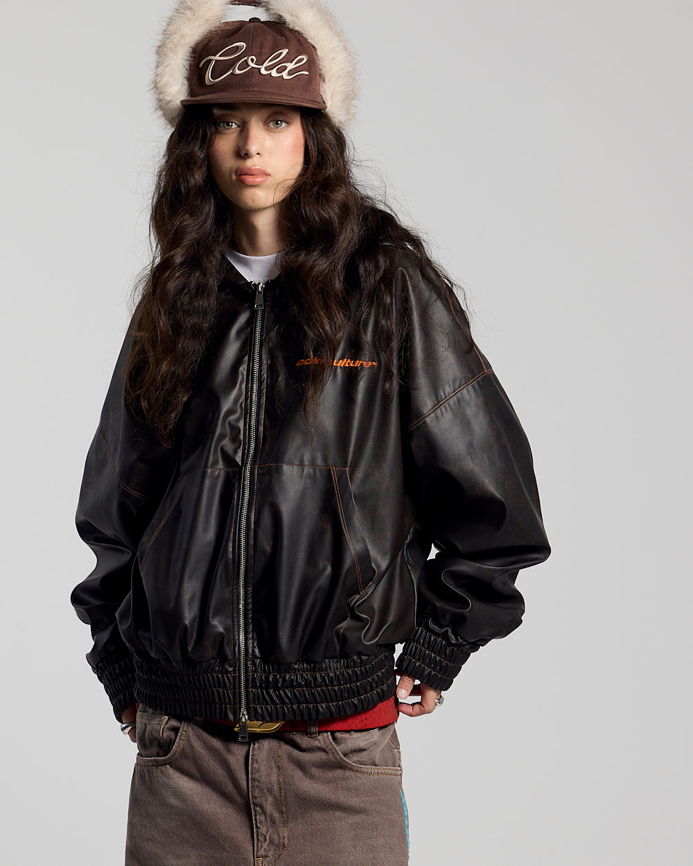 FAUX LEATHER ZIP HOODIE BROWN