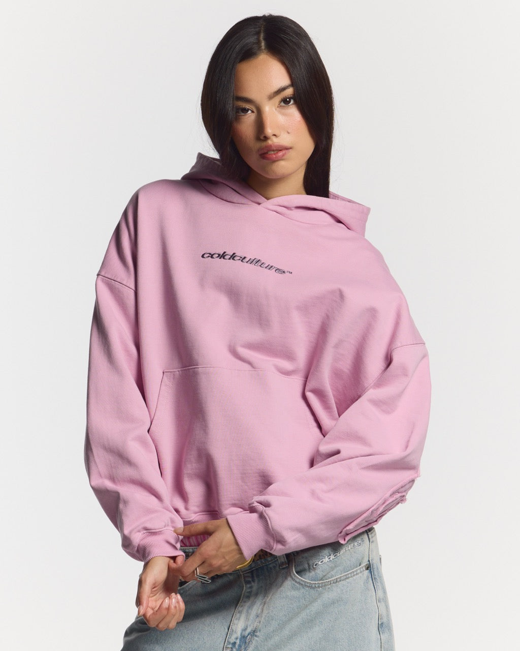 DISTRESS CURVED HOODIE PINK