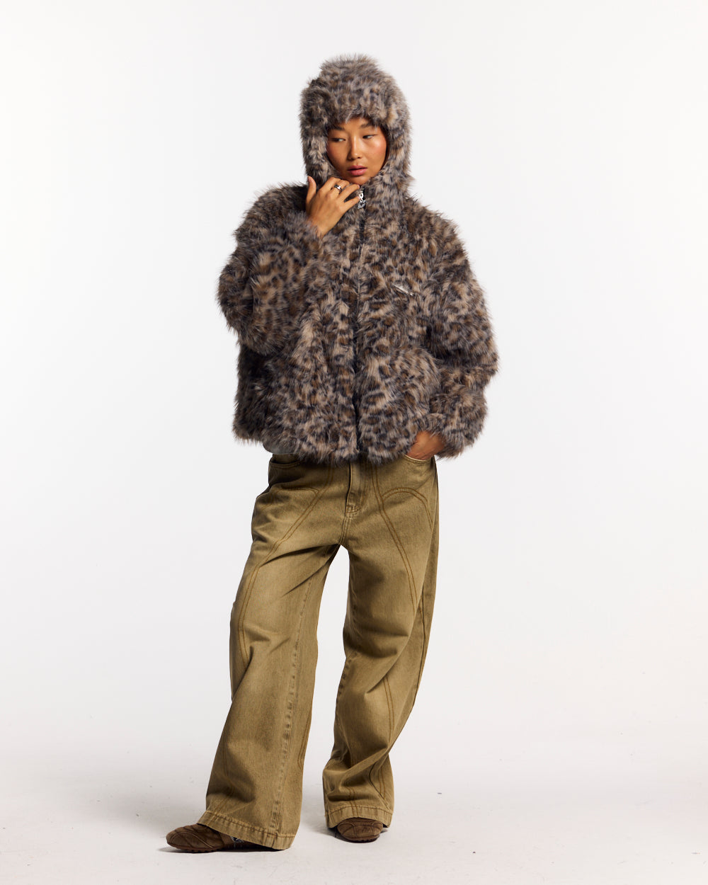 FUR HOODIE BROWN LEOPARD