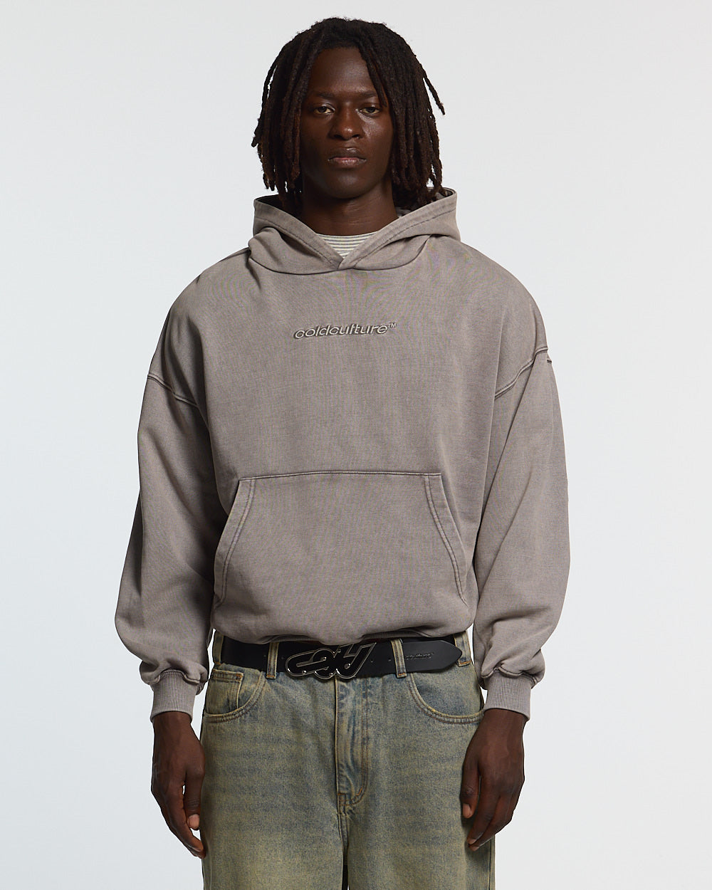 DISTRESS CURVED HOODIE GREY
