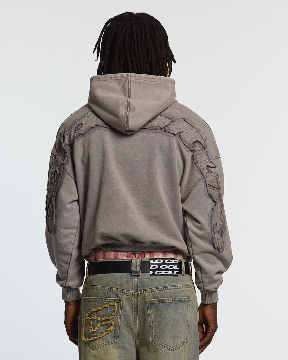 DISTRESS CURVED HOODIE GREY