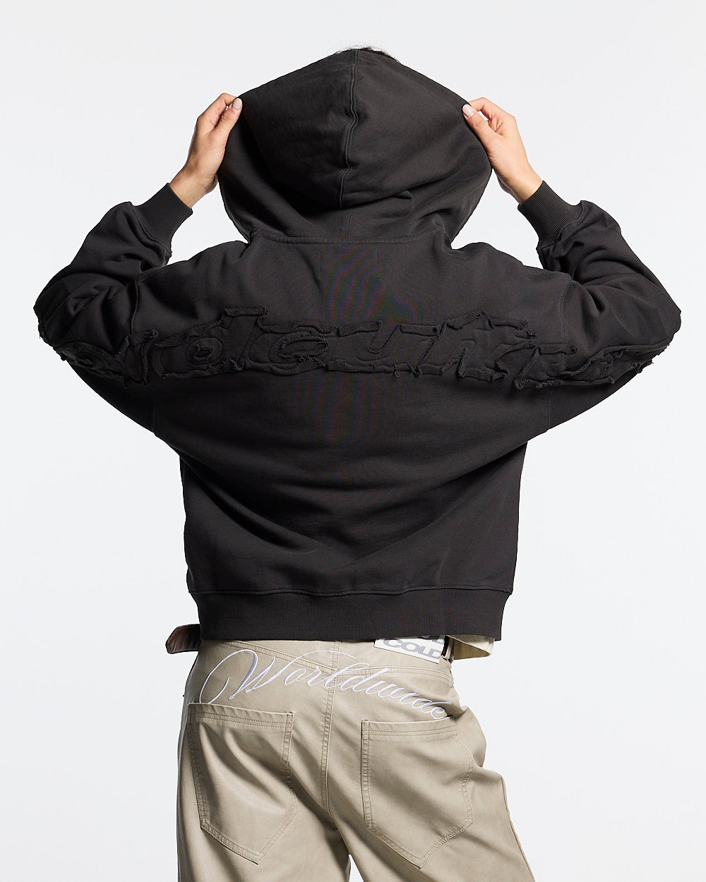 DISTRESS CURVED ZIP HOODIE DARK GREY