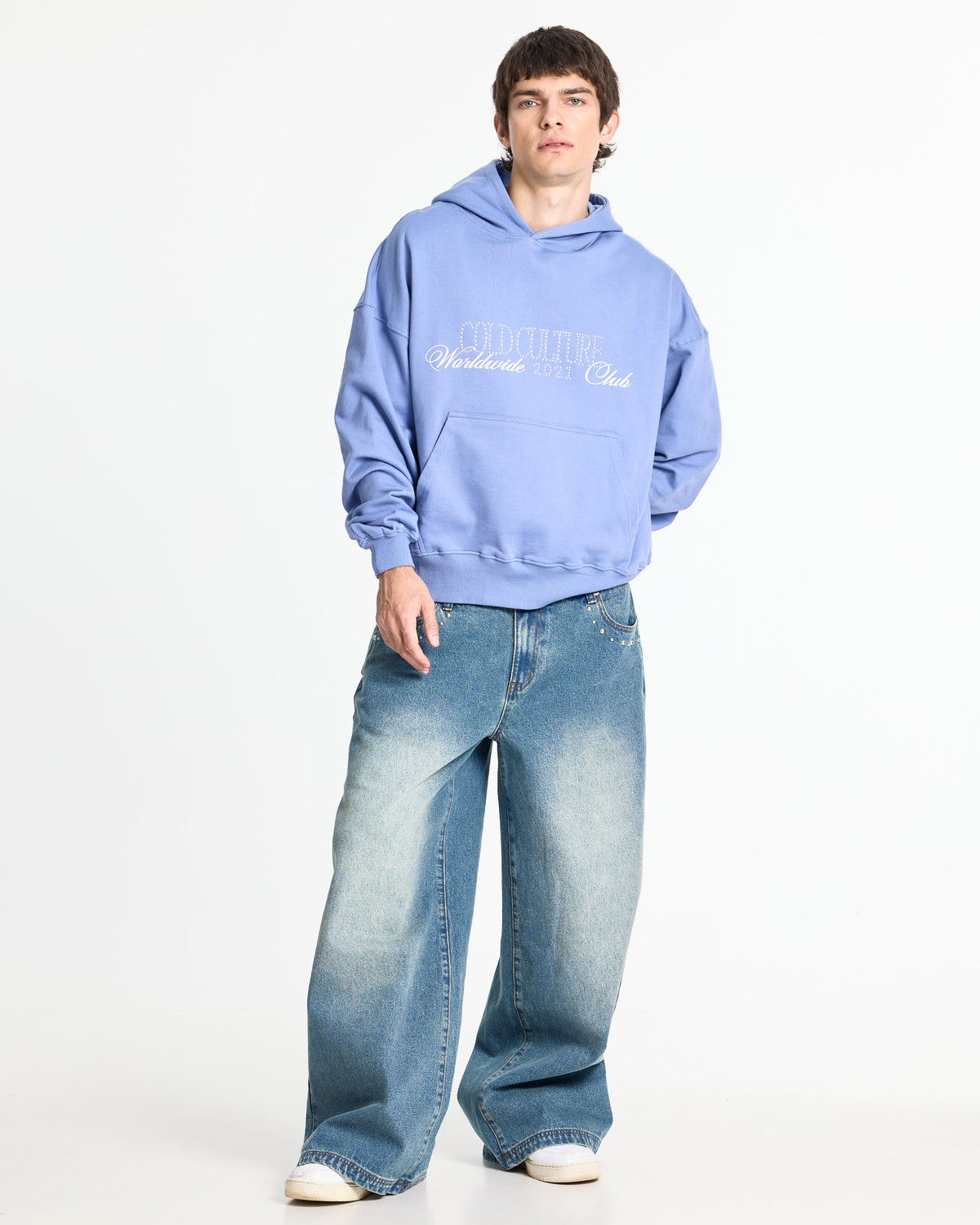 DISTRESS CURVED LOOSE PANTS BLUE - Cold Culture