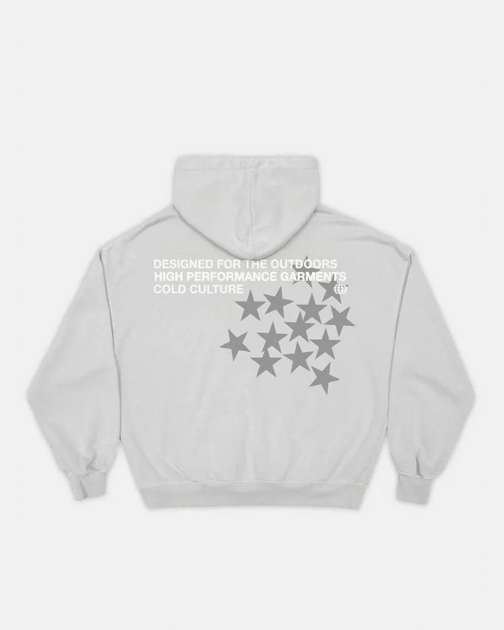 ASTRO HOODIE - light grey star print hoodie, back view - Cold Culture #packshot