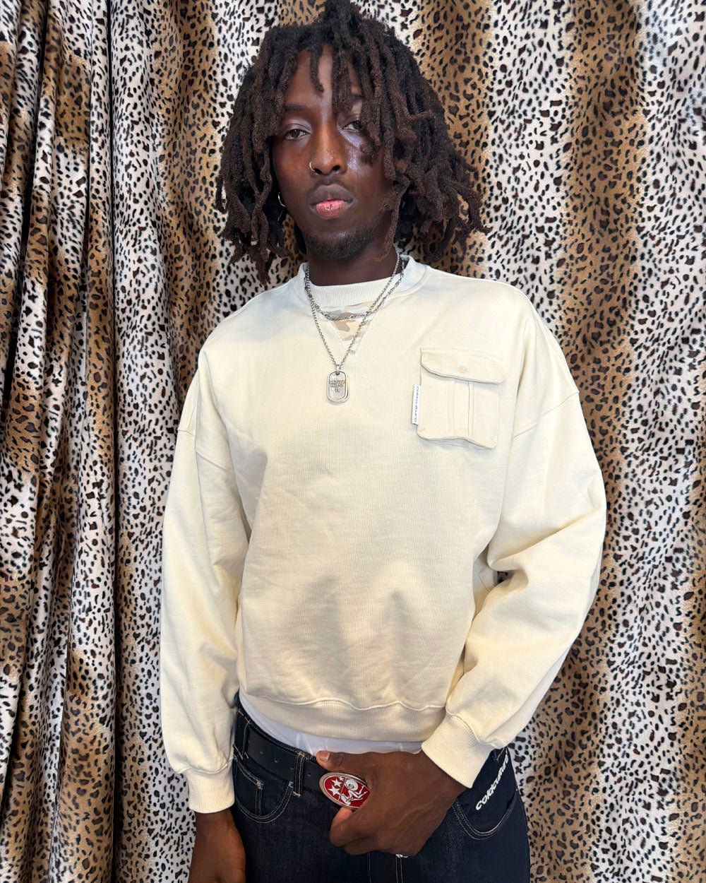 AUTHORITY CAMO CREWNECK CREAM - cream crewneck sweatshirt, street style shot - Cold Culture