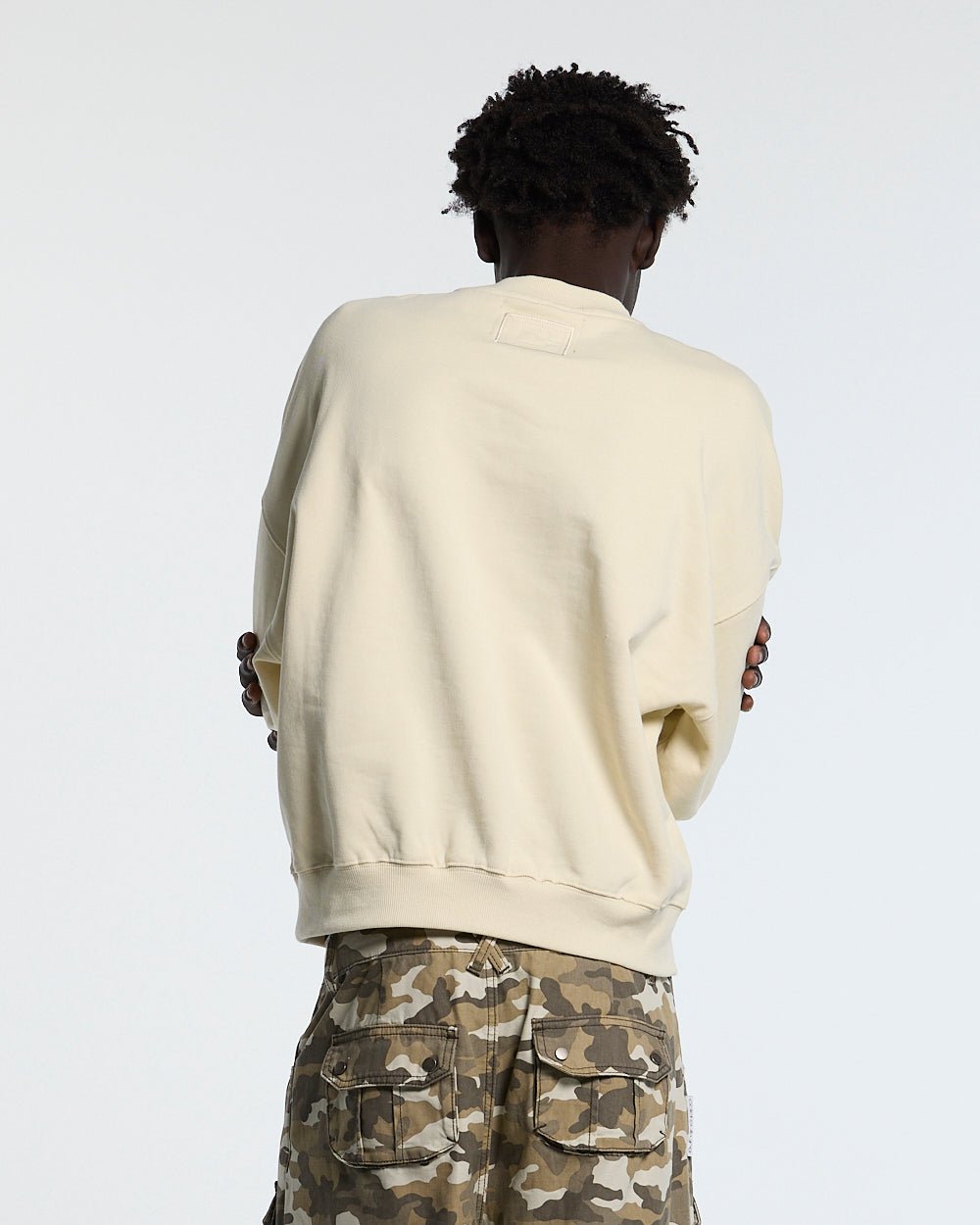 AUTHORITY CAMO CREWNECK CREAM - cream crewneck sweatshirt, back view on male model - Cold Culture