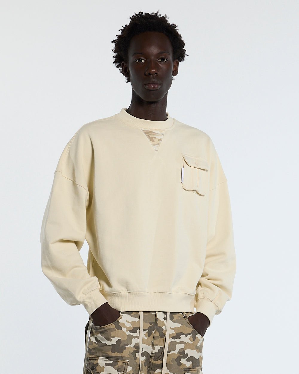 AUTHORITY CAMO CREWNECK CREAM - cream crewneck sweatshirt, front view on male model - Cold Culture