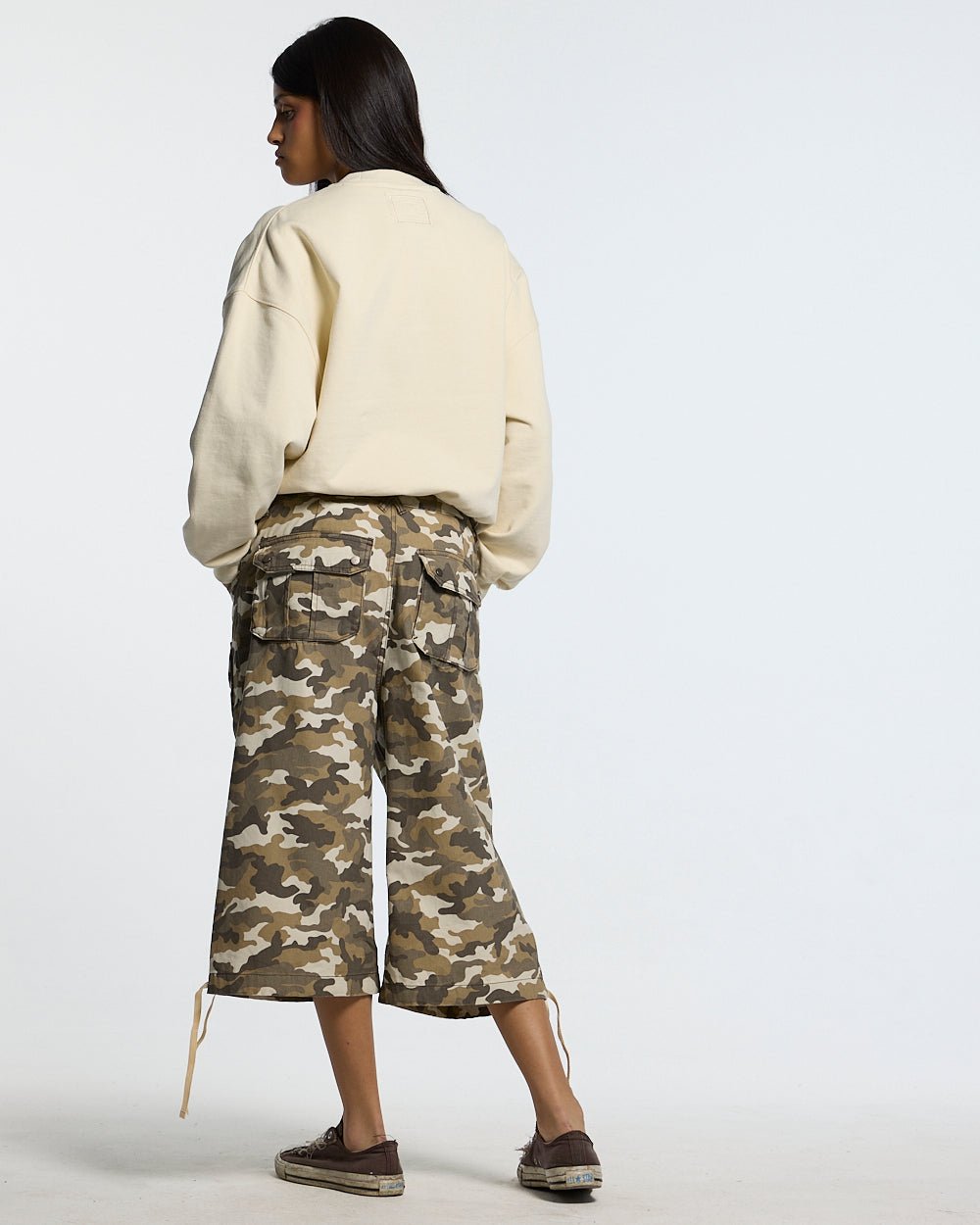AUTHORITY CAMO CREWNECK CREAM - cream crewneck sweatshirt, back view on female model - Cold Culture