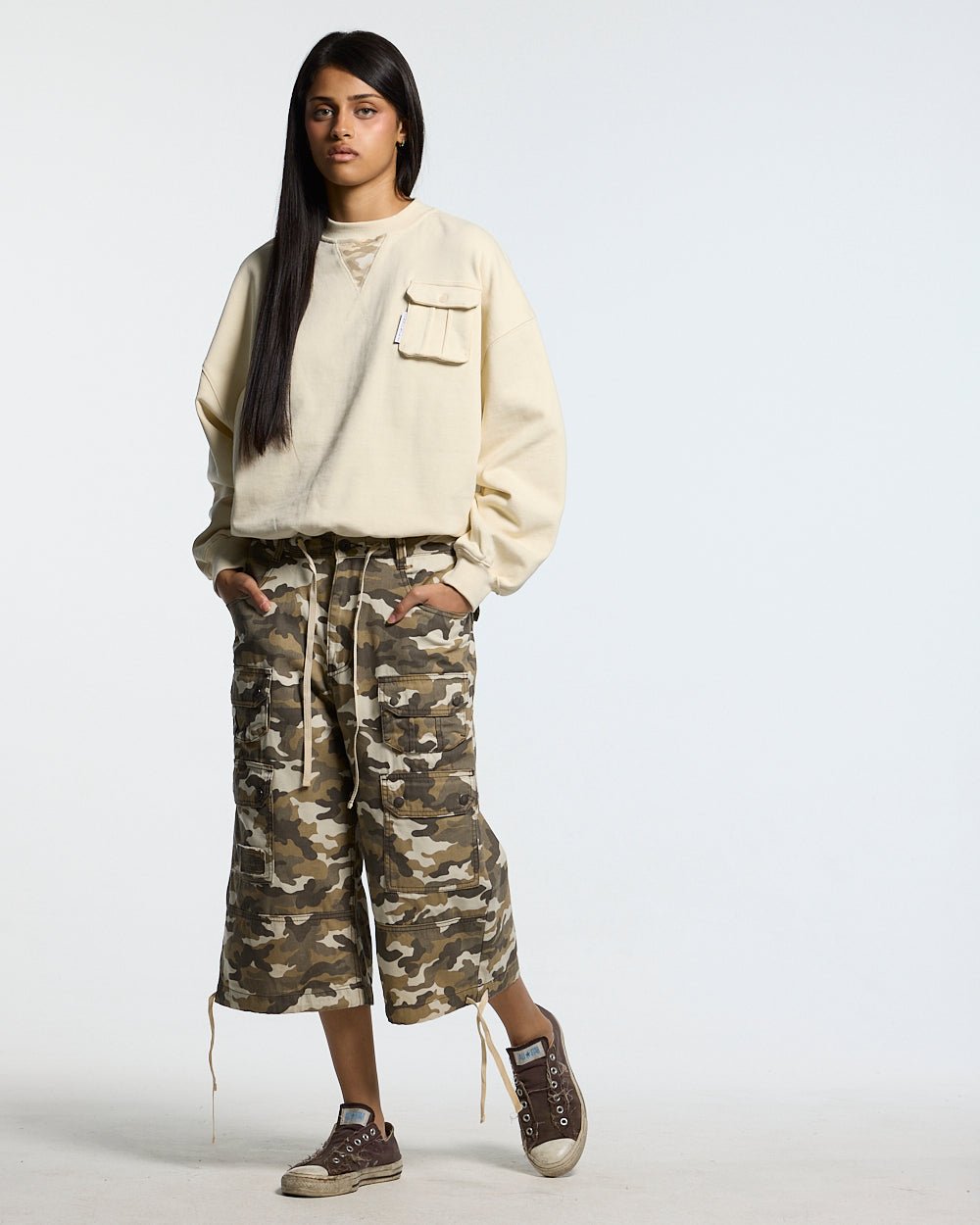 AUTHORITY CAMO CREWNECK CREAM - cream crewneck sweatshirt, front view on female model - Cold Culture