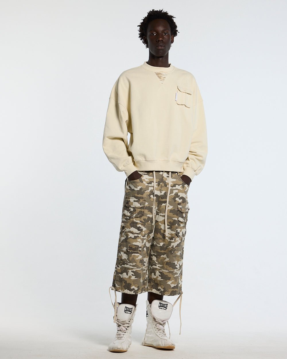 AUTHORITY CAMO CREWNECK CREAM - cream crewneck sweatshirt, front view on male model - Cold Culture