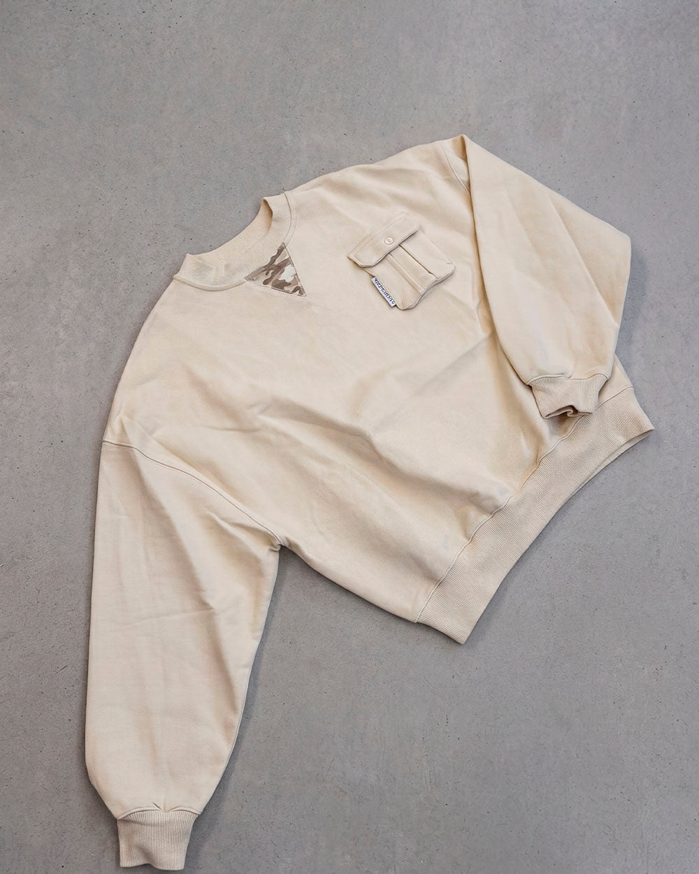 AUTHORITY CAMO CREWNECK CREAM - cream crewneck sweatshirt, flat lay - Cold Culture