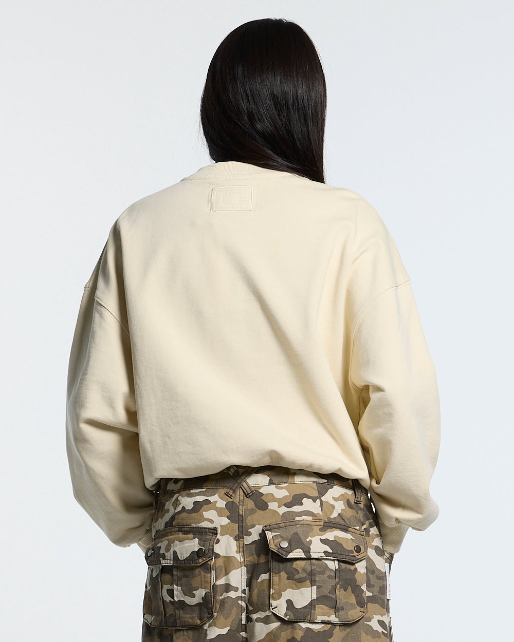 AUTHORITY CAMO CREWNECK CREAM - cream crewneck sweatshirt, back view on female model - Cold Culture