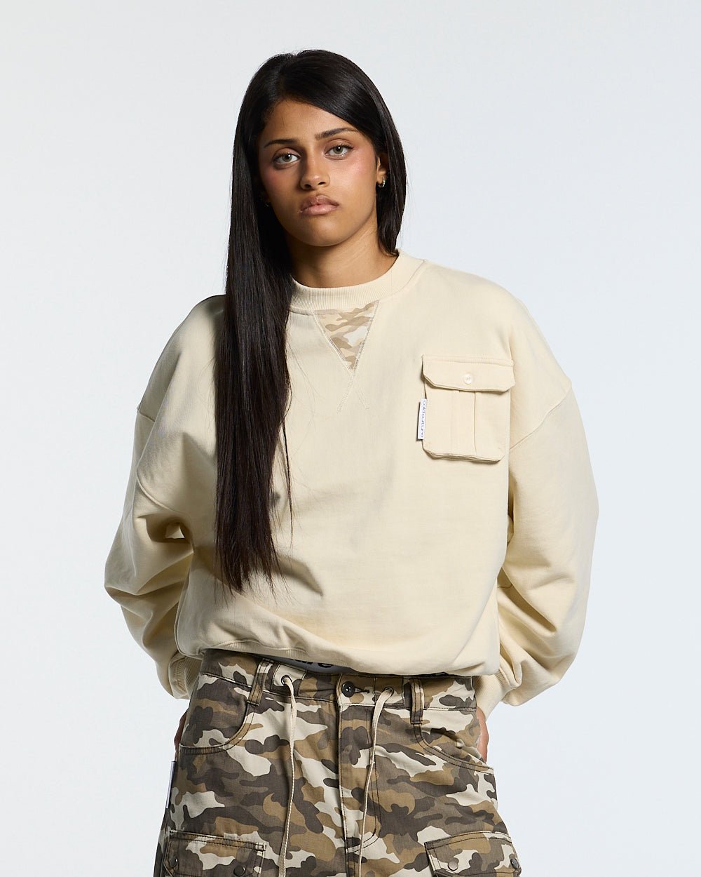 AUTHORITY CAMO CREWNECK CREAM - cream crewneck sweatshirt, front view on female model - Cold Culture