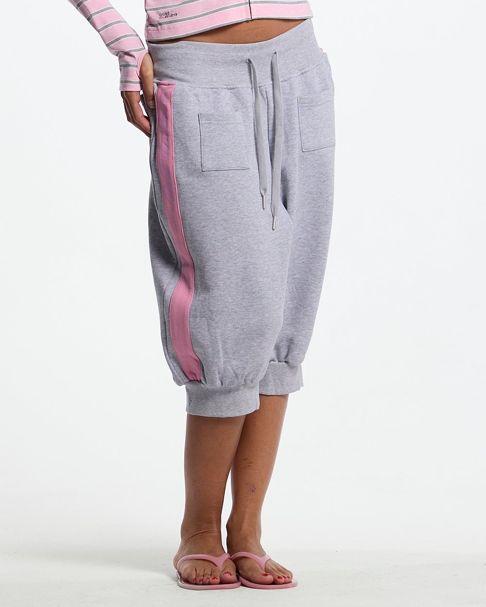 B-BOY CAPRI PANTS HEATHER GREY - heather grey capri sweatpants, front view on female model - Cold Culture