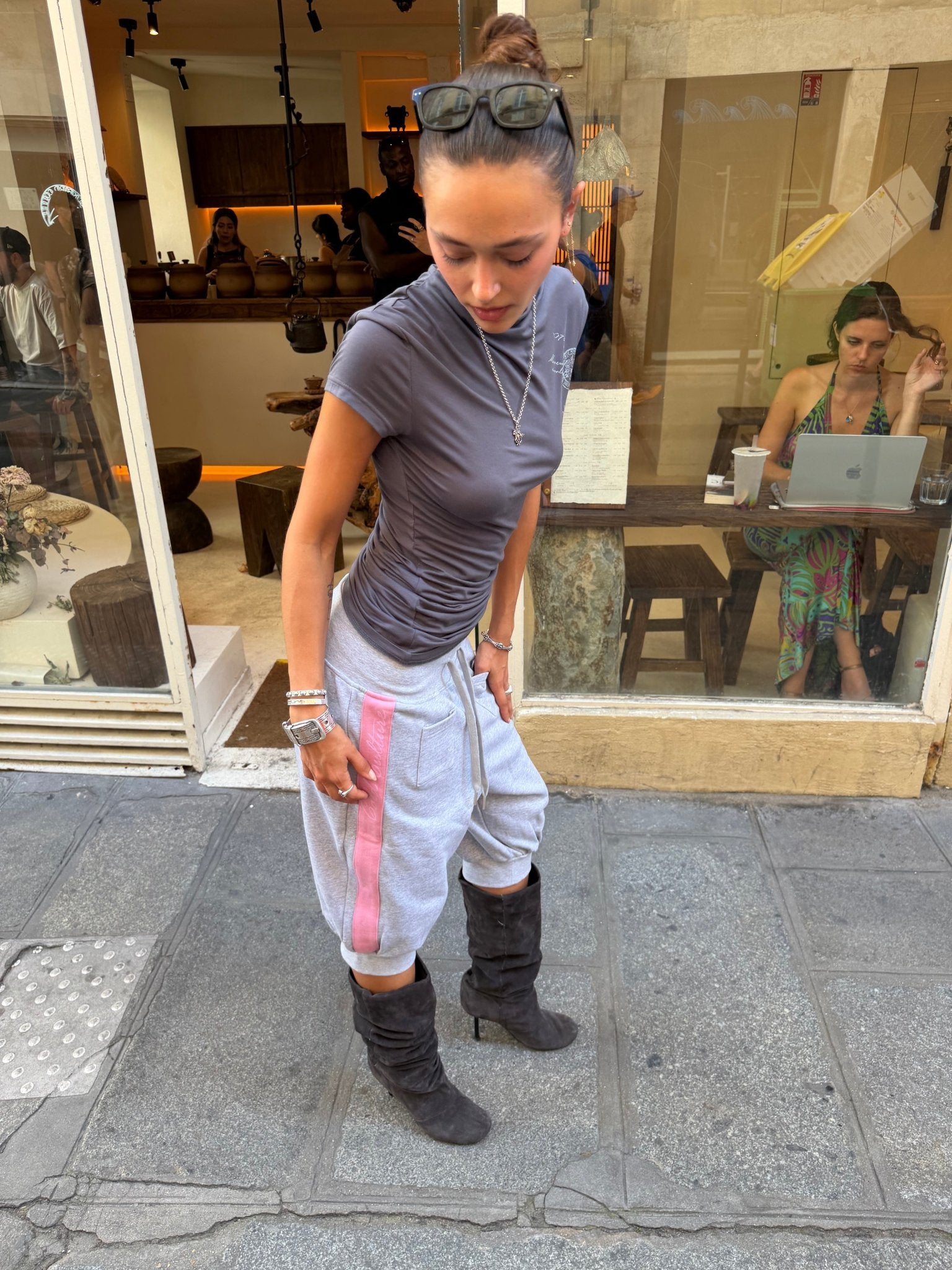 B-BOY CAPRI PANTS HEATHER GREY - heather grey capri sweatpants, street style shot - Cold Culture
