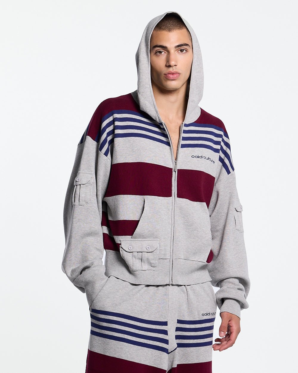 BAIT ZIP KNIT HOODIE HEATHER GREY - heather grey striped knit sweater, front view on male model - Cold Culture