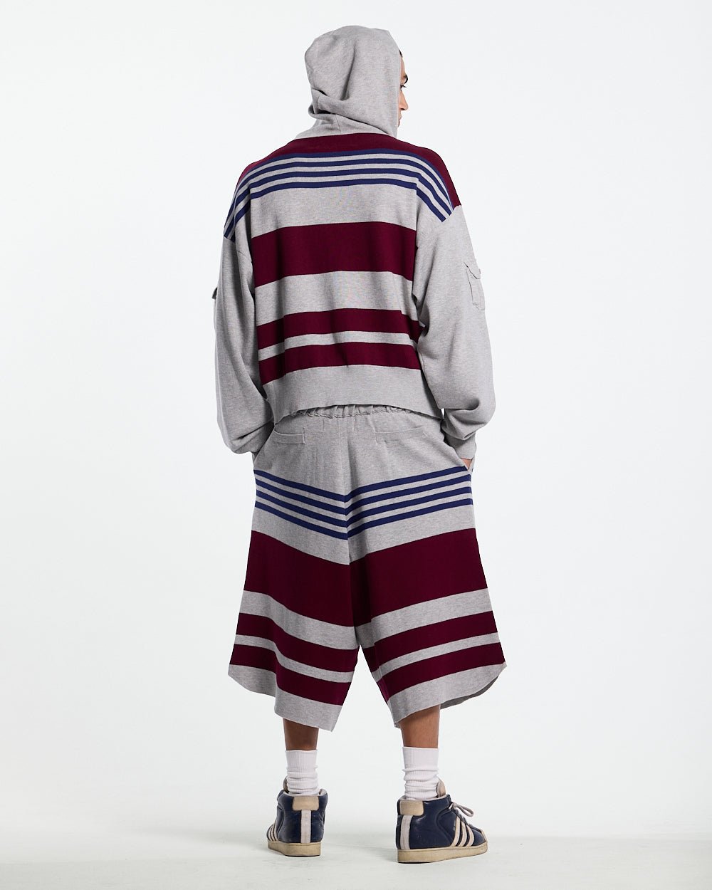BAIT ZIP KNIT HOODIE HEATHER GREY - heather grey striped knit sweater, back view on male model - Cold Culture