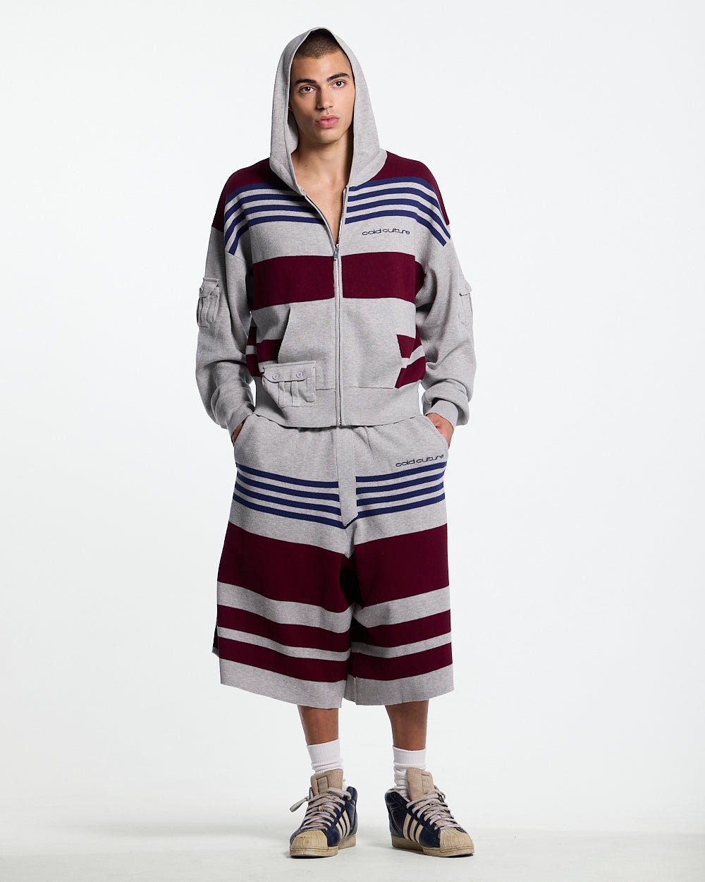 BAIT ZIP KNIT HOODIE HEATHER GREY - heather grey striped knit sweater, front view on male model - Cold Culture