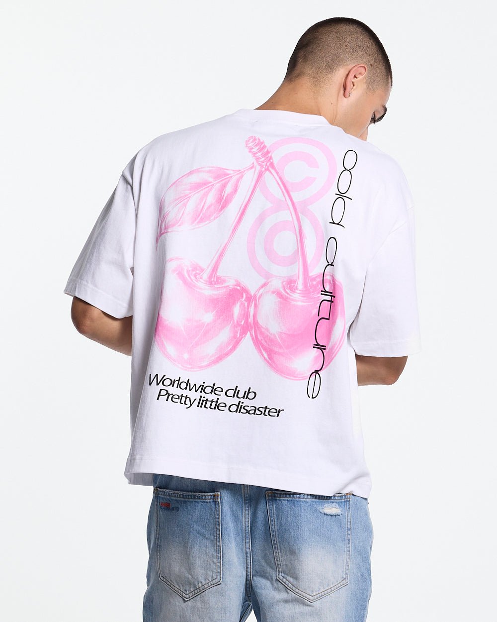 BERRY TEE WHITE - white graphic print tee, back view on male model - Cold Culture