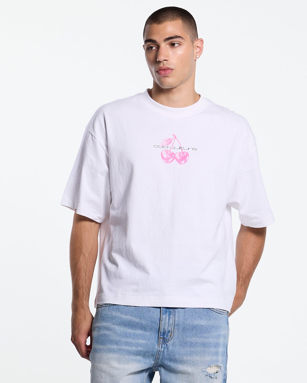 BERRY TEE WHITE - white graphic print tee, front view on male model - Cold Culture
