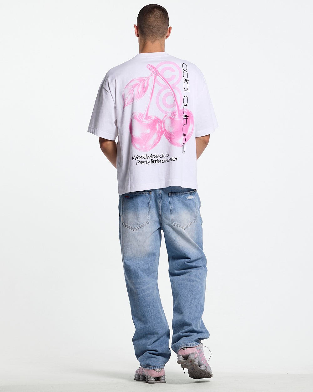 BERRY TEE WHITE - white graphic print tee, back view on male model - Cold Culture