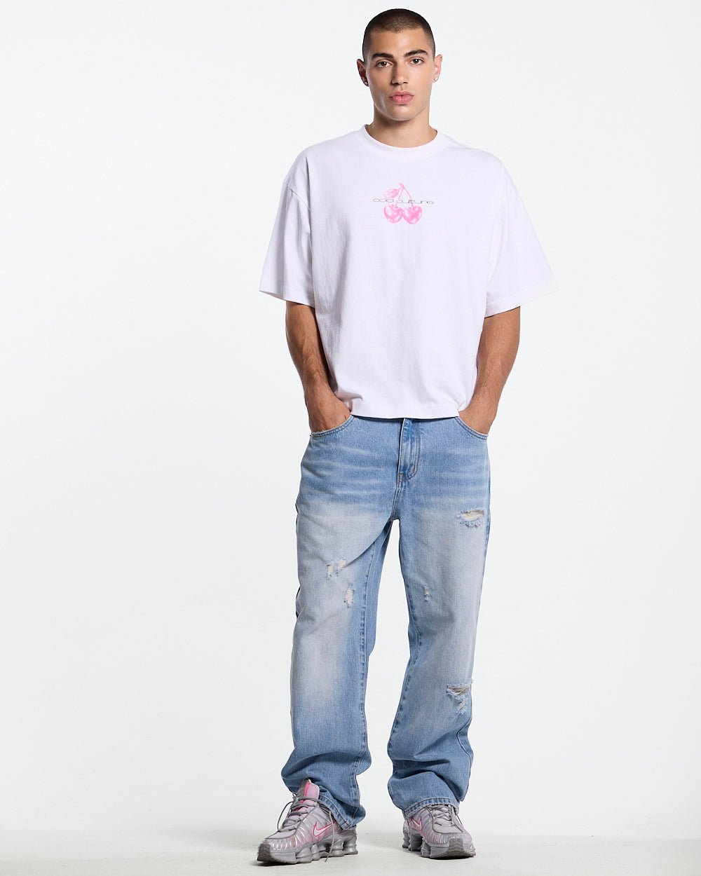 BERRY TEE WHITE - white graphic print tee, front view on male model - Cold Culture