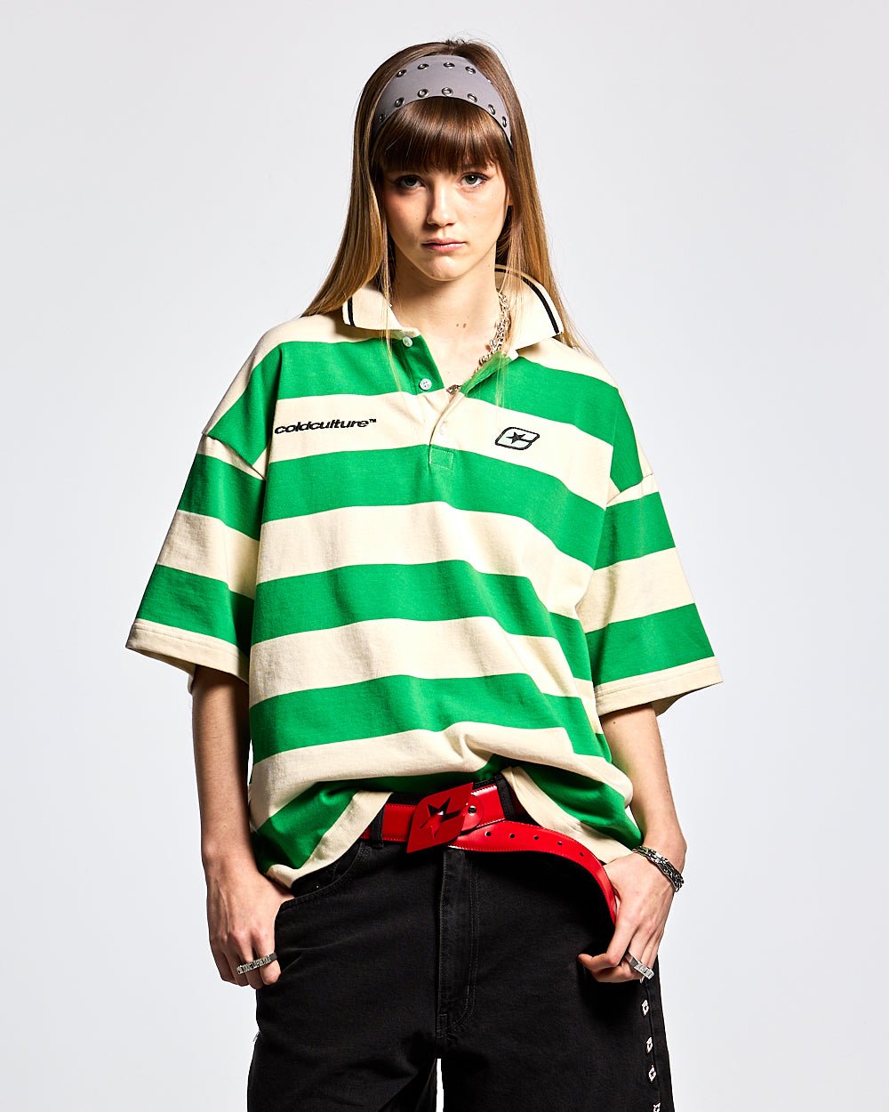BIG STRIPES POLO T - SHIRT ARCADIAN GREEN - COLD CULTURE