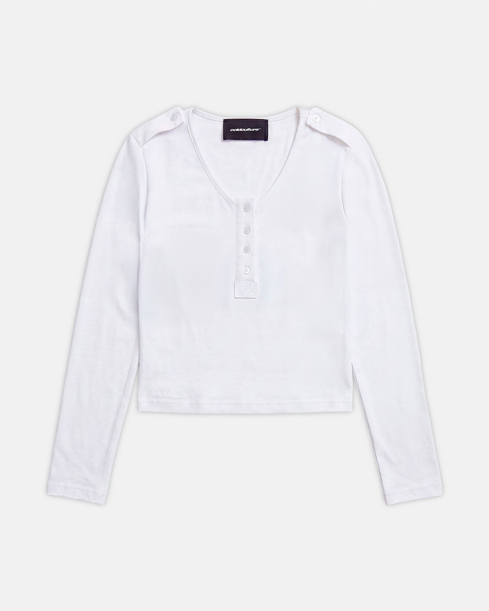 BREEZY LONGSLEEVE TEE WHITE - white henley longsleeve tee, front view - Cold Culture