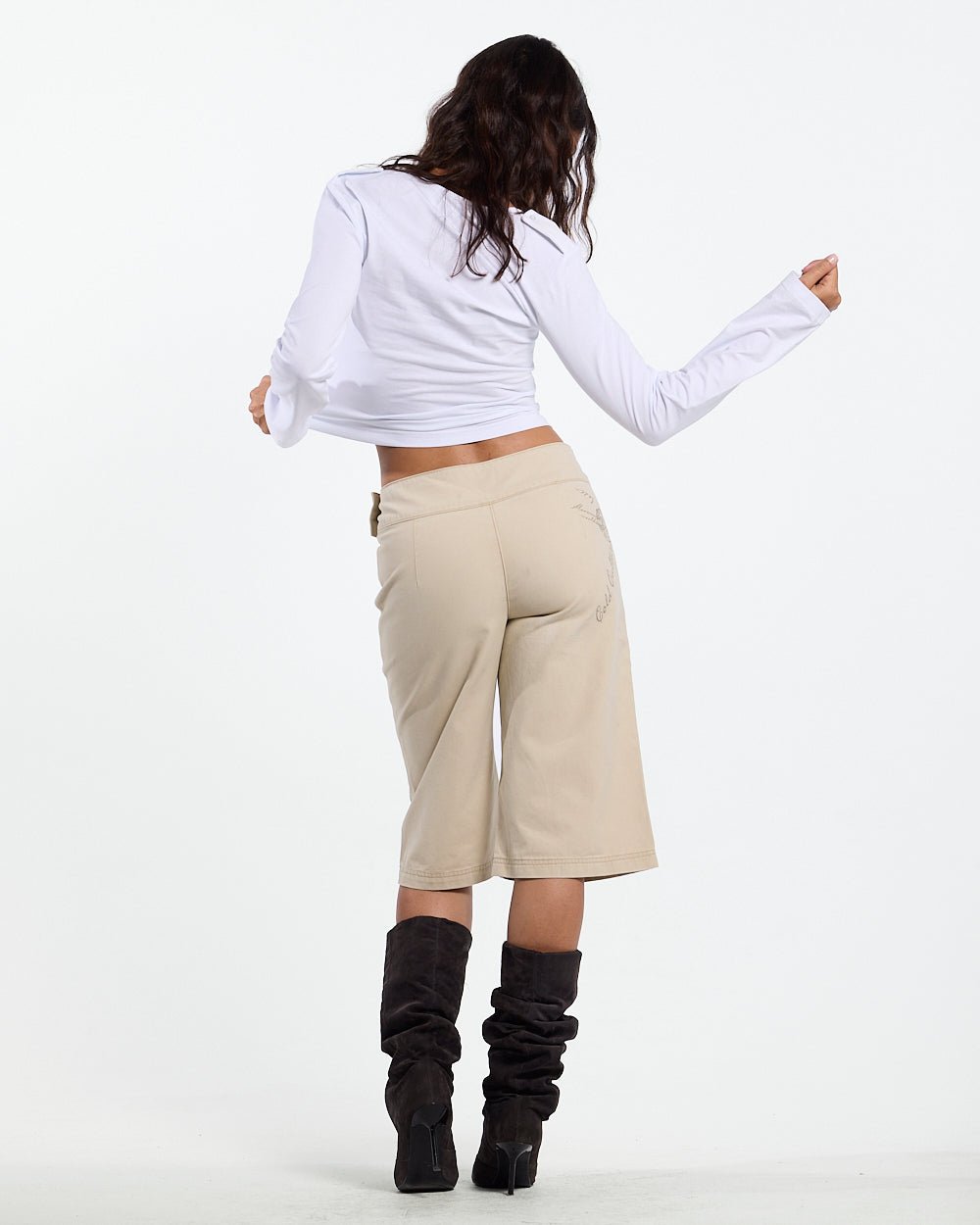 BREEZY LONGSLEEVE TEE WHITE - white henley longsleeve tee, back view on female model - Cold Culture