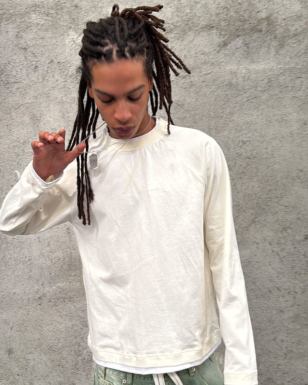 CAPUCCINO LONGSLEEVE CREAM - cream longsleeve tee, street style shot - Cold Culture