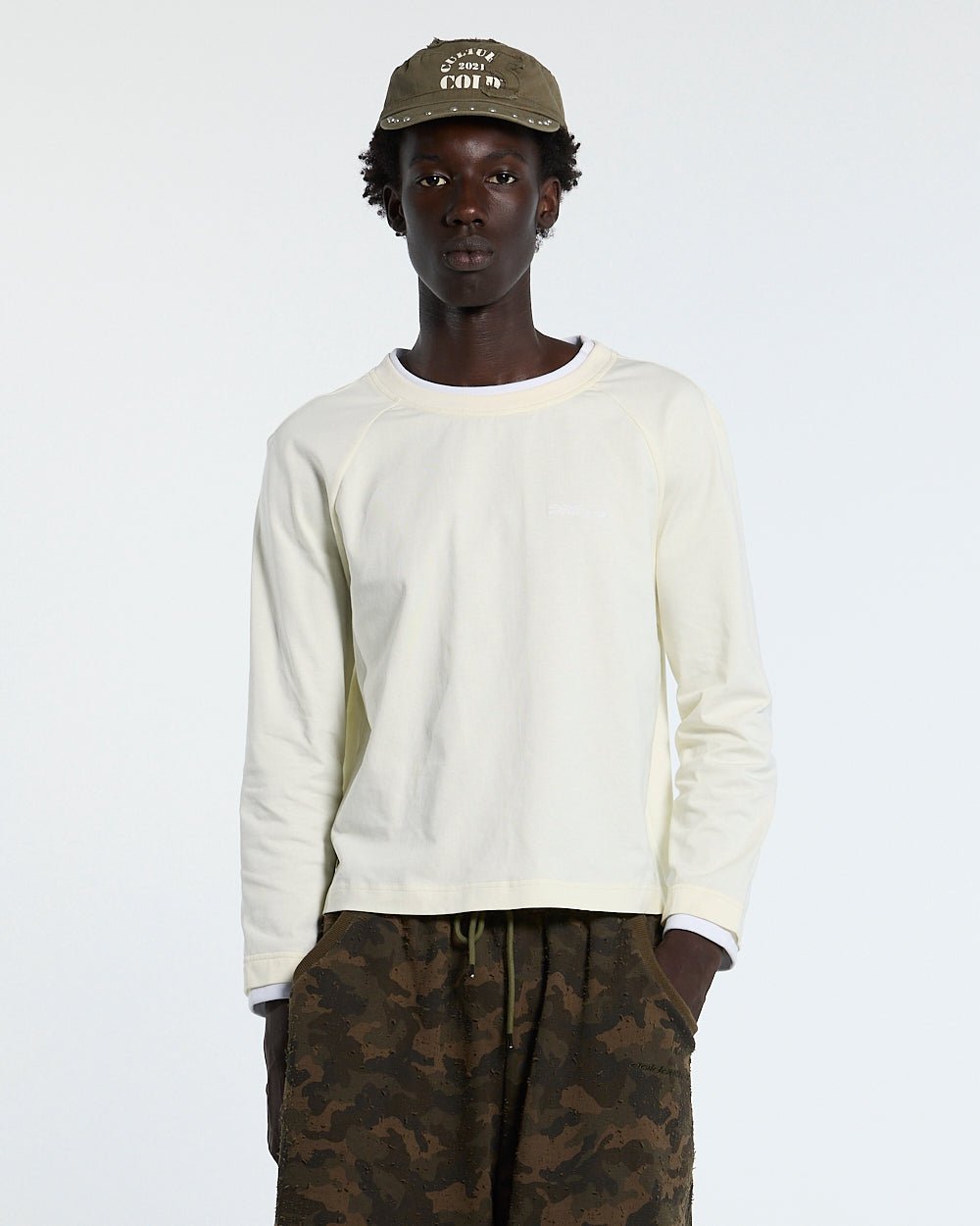 CAPUCCINO LONGSLEEVE CREAM - cream longsleeve tee, front view on male model - Cold Culture