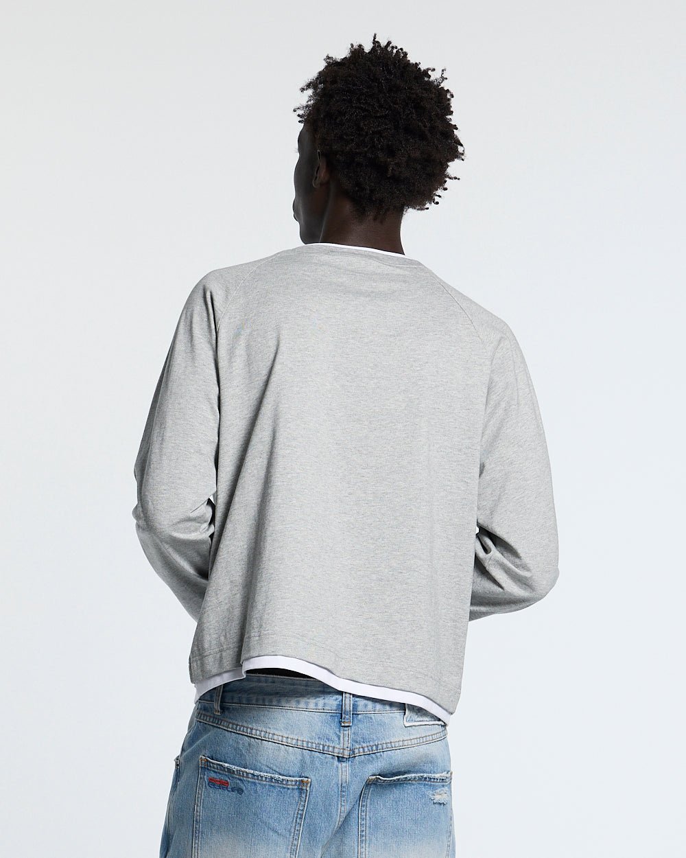 CAPUCCINO LONGSLEEVE HEATHER GREY - heather grey longsleeve tee, back view on male model - Cold Culture
