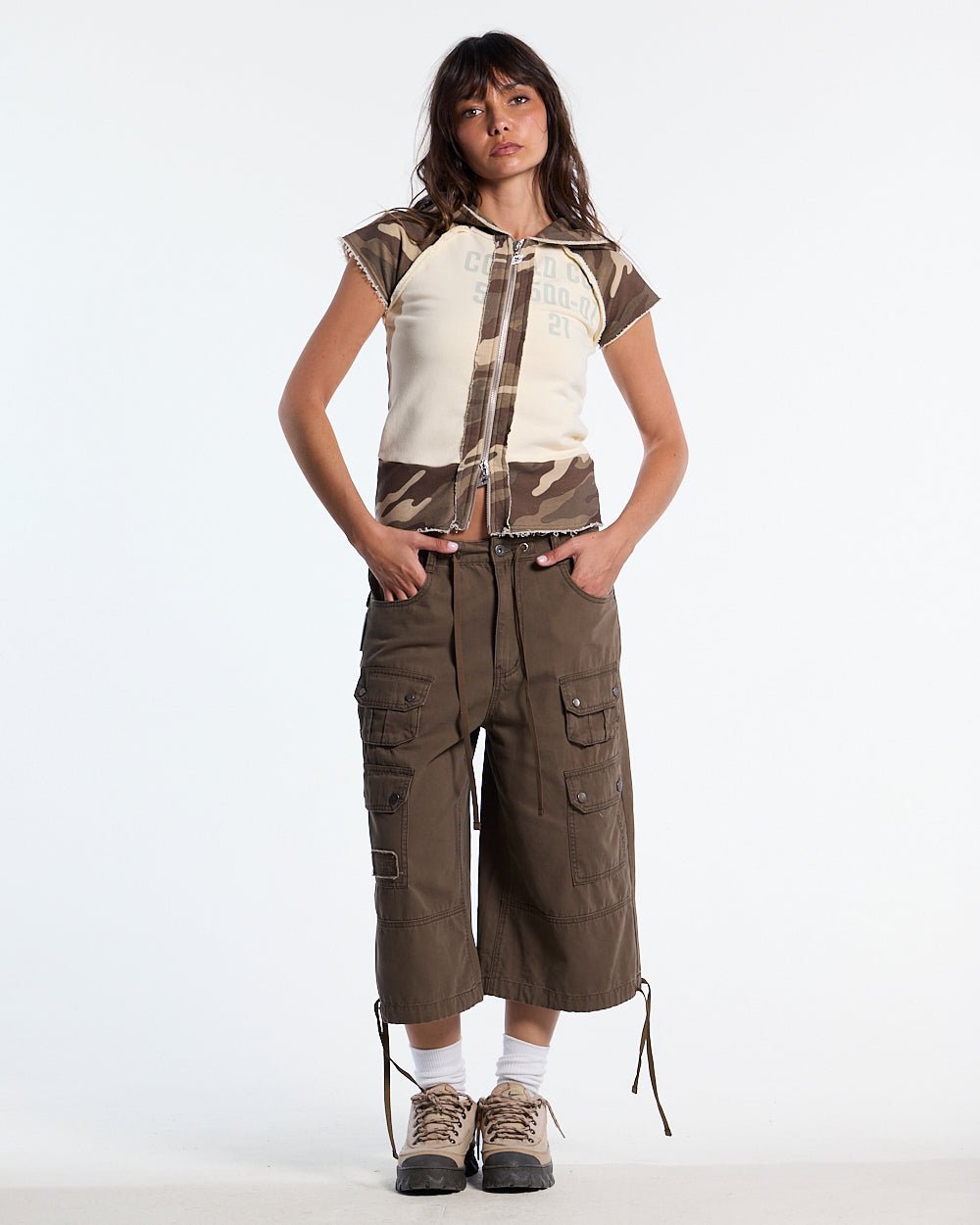 CHAINS CAMO BABY ZIP TEE BEIGE - beige camo hooded zip tee, front view on female model - Cold Culture