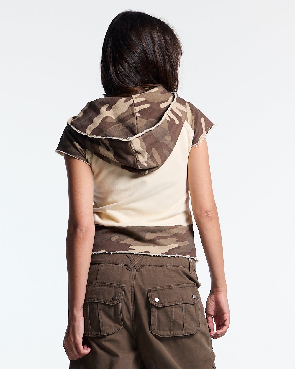 CHAINS CAMO BABY ZIP TEE BEIGE - beige camo hooded zip tee, back view on female model - Cold Culture