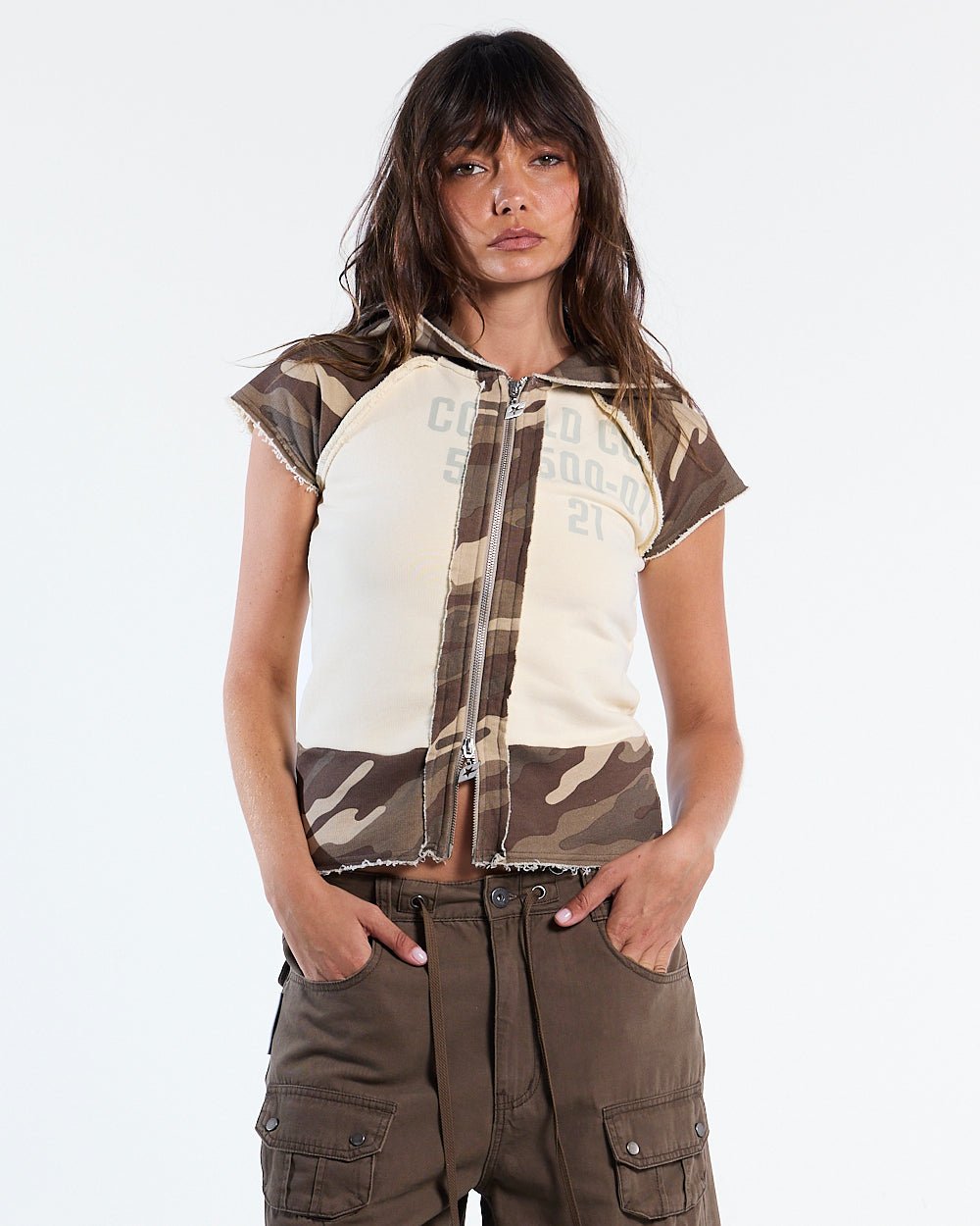 CHAINS CAMO BABY ZIP TEE BEIGE - beige camo hooded zip tee, front view on female model - Cold Culture