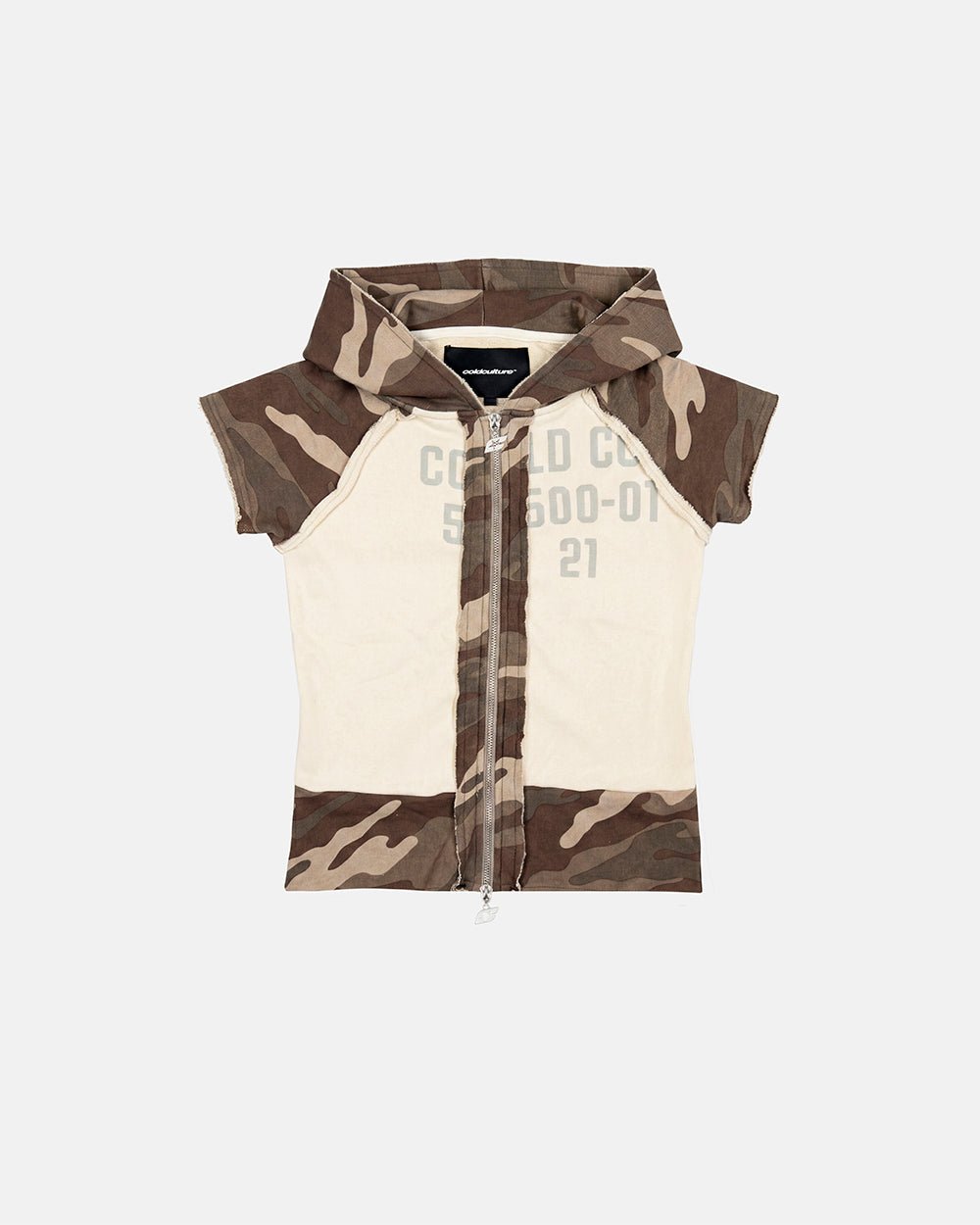 CHAINS CAMO BABY ZIP TEE BEIGE - beige camo hooded zip tee, front view - Cold Culture