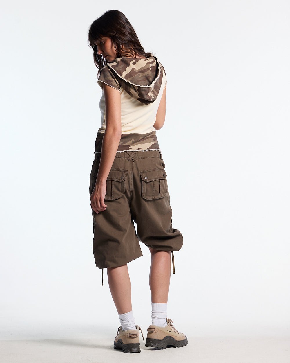 CHAINS CAMO BABY ZIP TEE BEIGE - beige camo hooded zip tee, back view on female model - Cold Culture