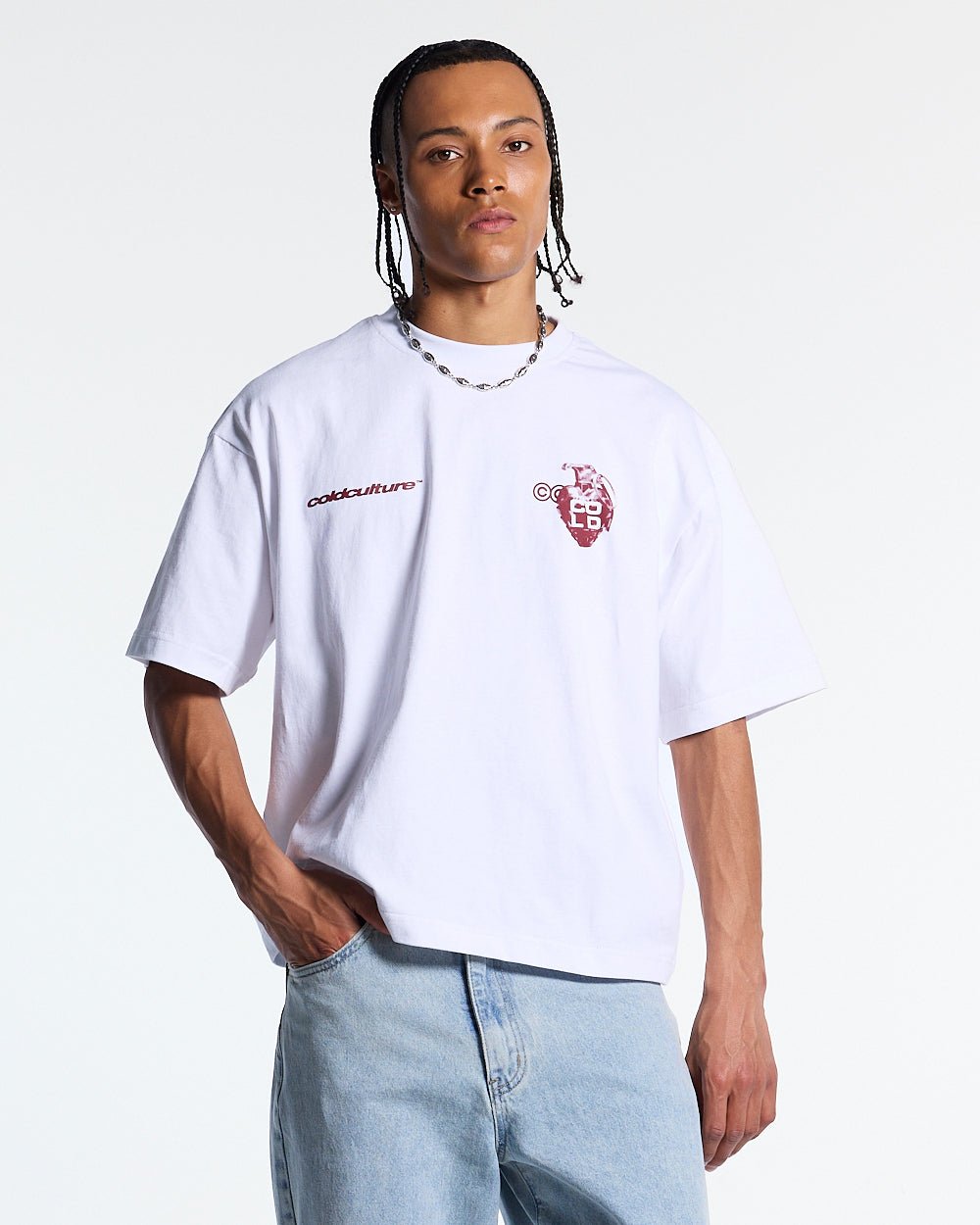 COLD HEARTS TEE WHITE - white graphic print tee, front view on male model - Cold Culture
