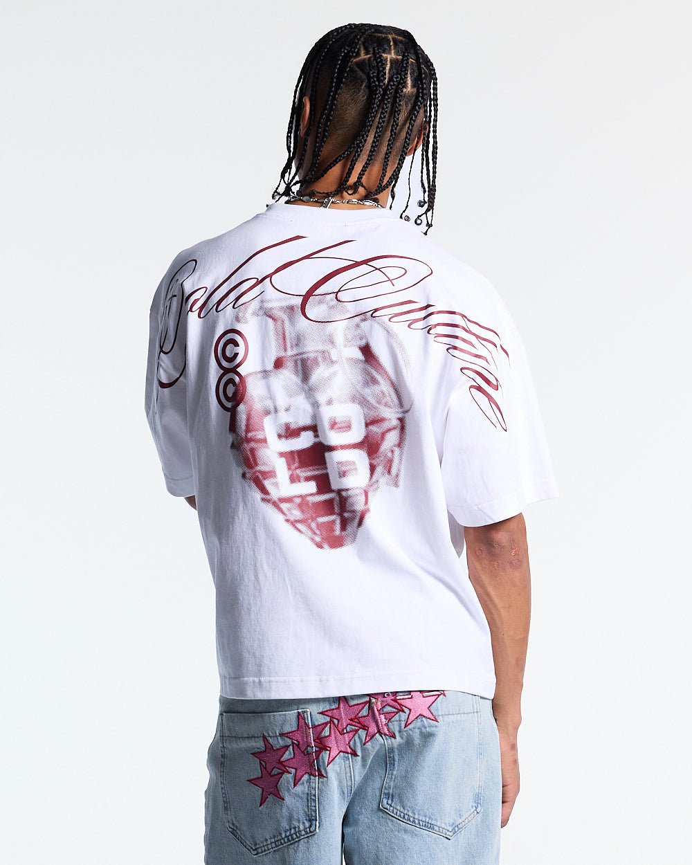 COLD HEARTS TEE WHITE - white graphic print tee, back view on male model - Cold Culture