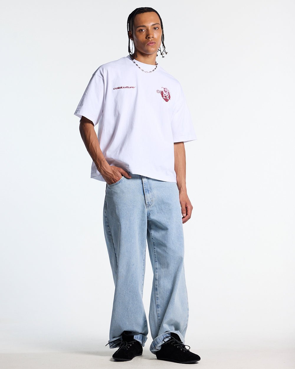 COLD HEARTS TEE WHITE - white graphic print tee, front view on male model - Cold Culture